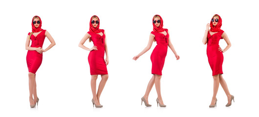 Fototapeta premium Blondie in red dress isolated on white