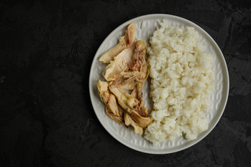 rice and chicken meat. diet food. food background. copy space