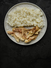 rice and chicken meat. diet food. food background. copy space