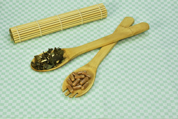 Herbal green tea capsule for healthy lifestyle. Herbal capsules from ginger. Close up Green capsules. Dietary supplements for Weight Loss and detox.