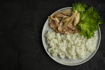rice and chicken meat. diet food. food background. copy space
