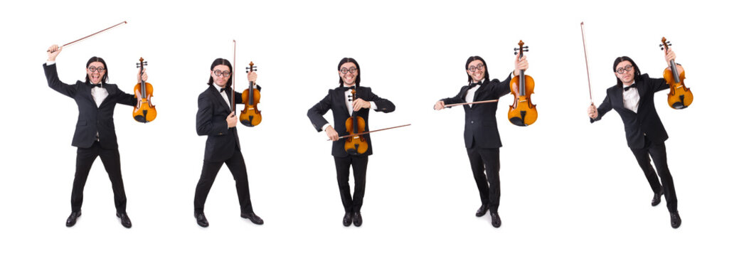 Funny man with music instrument on white