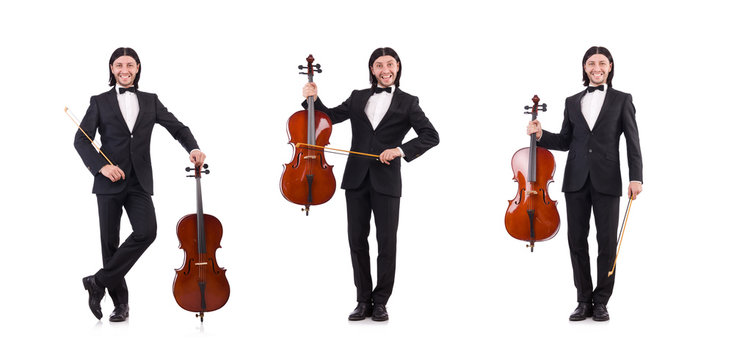 Funny man with music instrument on white