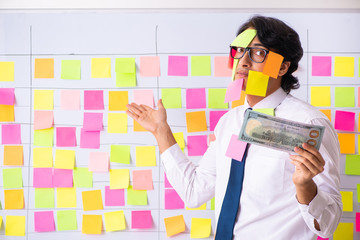 Young employee in conflicting priorities concept 
