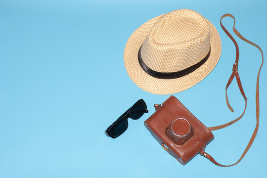 touristic kit, top view, direct on camera falsh light