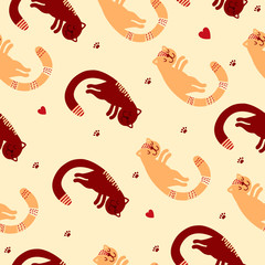 Seamless pattern with love cats. For the design of fabric, paper, scrapbooking. Vector