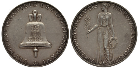 Germany German medal Olympic Games in Berlin in 1936, large bell with eagle in center, allegoric...