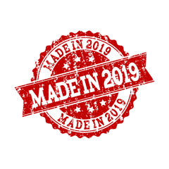 Grunge red MADE IN 2019 stamp seal. Vector MADE IN 2019 rubber seal with grunge surface. Isolated red colored watermark on a white background.