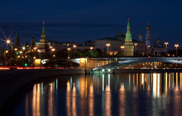 View of the Moscow Kremlin and the Kremlin Embankment of the Moscow River in the evening.