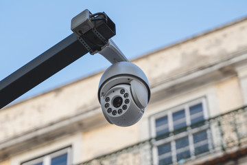 Exterior CCTV camera mounted on a steel pole, Lisbon, Portugal