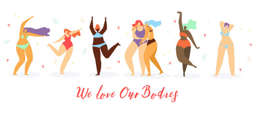 Body Positive Women Flat Vector Concept. Happy Multinational Overweight Women in Swimsuits Hugging and Dancing Together Illustration on White Background. Attractive Ladies Satisfied with Their Bodies