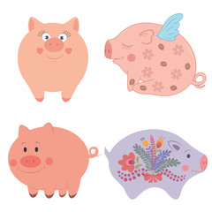 Cute piggies collection. Vector illustration of funny cartoon pigs in different poses. Isolated on white.