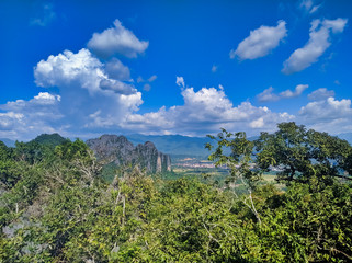 landscape with trees and blue sky from the mountain, Vang Vieng