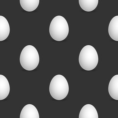 Vector 3d realistic white eggs seamless pattern. Isolated object with shadow on black background. Eggs mockup texture for Easter poster design