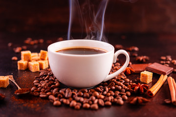 The invigorating morning coffee with sweets. It can be used as a background