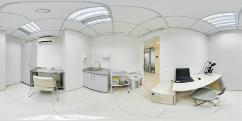 Spherical panorama of the laboratory room with open doors to study the culture of drugs under the microscope and examine the results on the screen of a special medical computer