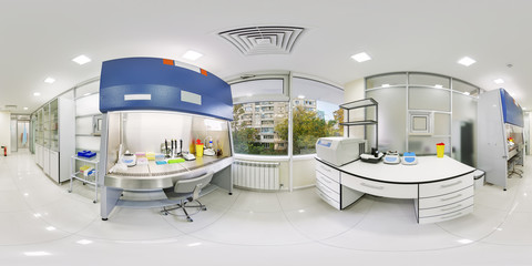 Panorama of 360 degrees laboratory with a large panoramic window and views of the street. Panorama of the laboratory without people 360 degrees in equidistant scan. Spherical panorama of the hospital - obrazy, fototapety, plakaty