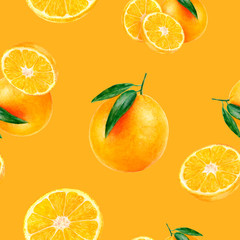 Watercolor hand drawn orange fruit seamless pattern.