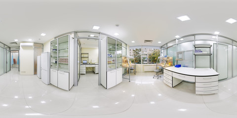 A large laboratory room Panorama 360 where study of their DNA and RNA panoramas 360 place inside the research laboratory of a pharmaceutical corporation scientists and doctors at the Institute