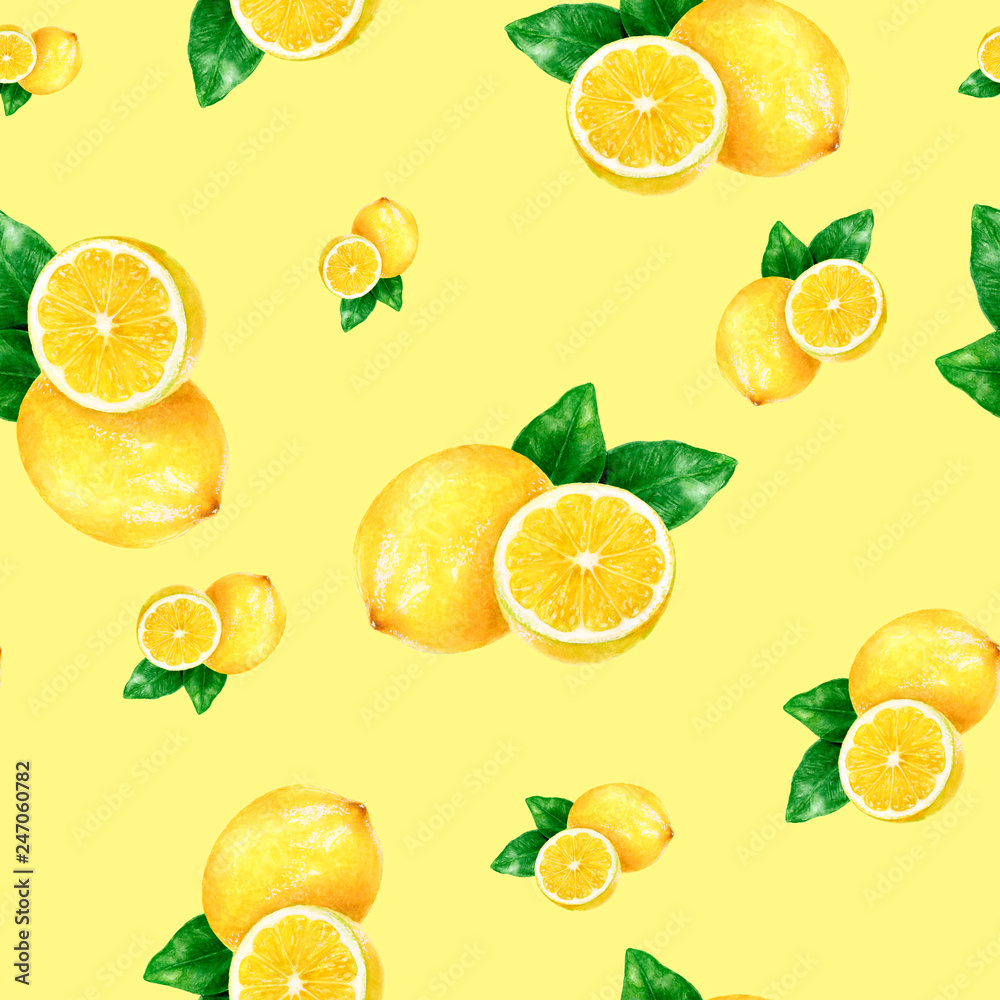 Wall mural Watercolor hand drawn lemon fruit seamless pattern.