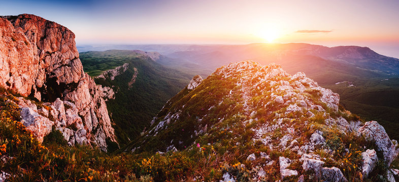Scenic valley in morning light. Location Crimea, Crimean peninsula, Ukraine, Europe.