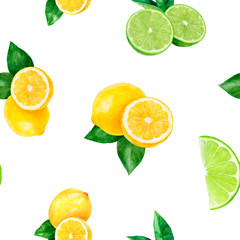 Watercolor hand drawn lemon, lime fruit seamless pattern.