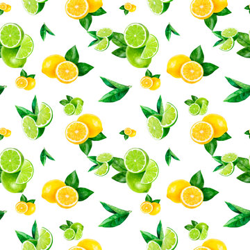 Watercolor Hand Drawn Lemon, Lime Fruit Seamless Pattern.