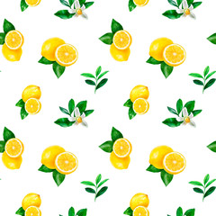 Watercolor hand drawn lemon fruit seamless pattern.