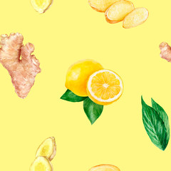 Watercolor hand drawn lemon, ginger seamless pattern.