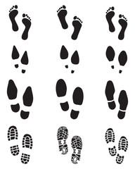 Black prints of human feet and shoes on a white background