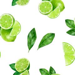 Watercolor hand drawn lime fruit seamless pattern.