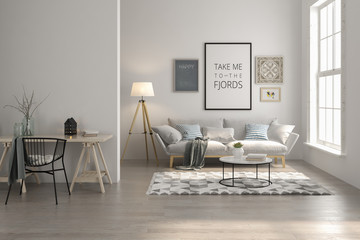 Interior of modern living room with sofa and furniture 3D rendering