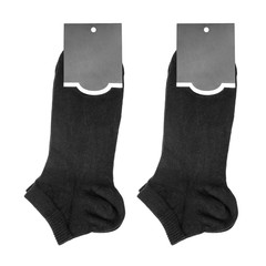 Two black socks with tags on white background..