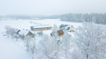 Beautiful winter scenery with sunrise over the tree tops of pine forest. Sunlight shines through the mist creating stunning aerial panorama. Moody winter day's landscape with warm sunlight. 