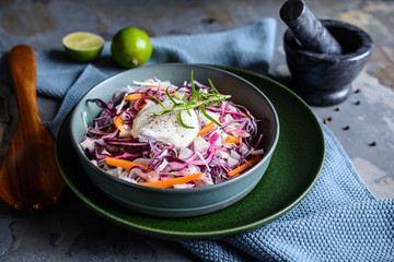 Coleslaw salad with red and white cabbage, red onion, carrot and sour cream