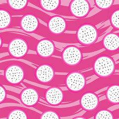 Pitaya pitahaya round pieces. Seamless pattern. Vector illustration isolated on pink striped texture