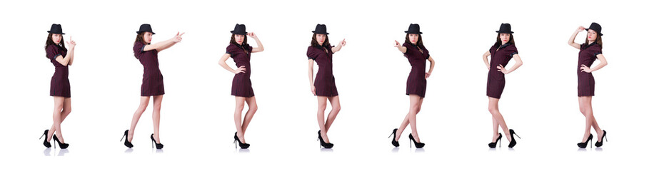 Woman gangster with handgun on white