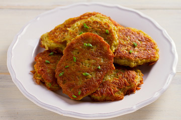 Potato Cakes. Vegetable fritters, latkes, draniki. Vegetable pancakes. horizontal