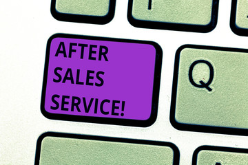 Writing note showing After Sales Service. Business photo showcasing support provided after merchandise have been sold Keyboard key Intention to create computer message pressing keypad idea