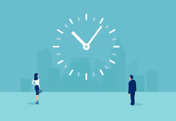 Vector of a businessman and a businesswoman looking at a clock on the wall