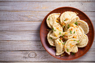 Dumplings, filled with potato. Dumplings with filling. overhead, horizontal