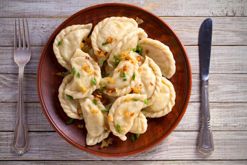 Dumplings, filled with potato. Dumplings with filling. overhead, horizontal