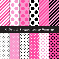 Hot Pink, Pink, Black and White Jumbo Polka Dots, Tiny Polka Dots and Candy Stripes Patterns. Cute Girly Backgrounds. Perfect for Children's Party Decor. Repeating Pattern Tile Swatches Included.