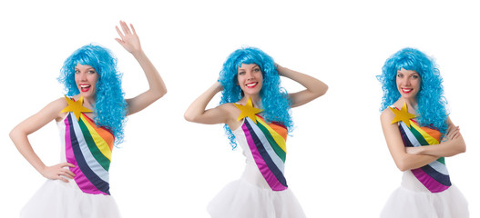 Woman with wig isolated on white 