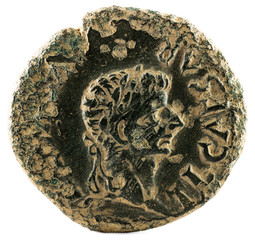 Ancient Roman copper coin of Emperor Tiberius. With the Emperor Augustus. As. Coined in Turiaso....
