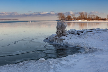 Toronto, CANADA - February 1th, 2019: Panoramic Canadian winter landscape near Toronto, beautiful frozen Ontario lake at sunset. Scenery with winter trees, water and blue sky.