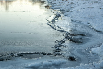 Toronto, CANADA - February 1th, 2019: Panoramic Canadian winter landscape near Toronto, beautiful frozen Ontario lake at sunset. Scenery with winter trees, water and blue sky.