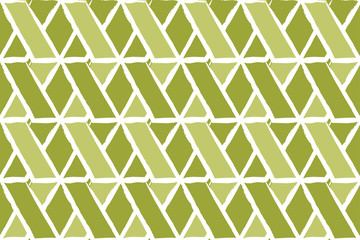 Seamless, abstract background pattern made with paint brushes forming braided geometric shapes in tones of green. Modern, bold vector art.
