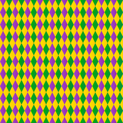 Traditional Mardi Gras background. Colorful harlequin seamless pattern. Green, purple and yellow geometric vector background for Fat or Shrove Tuesday posters, banners, cards, party invitations. © Vera
