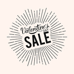 Valentine’s Day Sale retro banner. Calligraphy hand lettering with concentric rays. Easy to edit vector template for Valentines day shop decoration, advertising poster, flyer, tag etc.